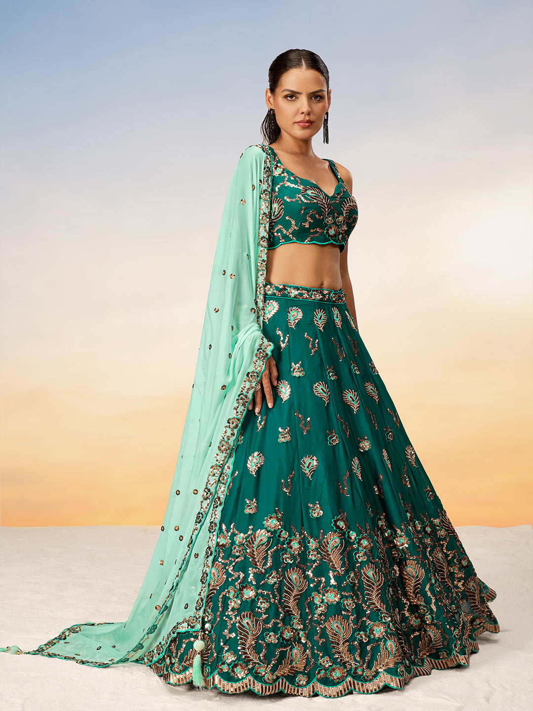 Women Green Pure Georgette with heavy Sequins embroidery Semi-Stitched Lehenga choli & Dupatta