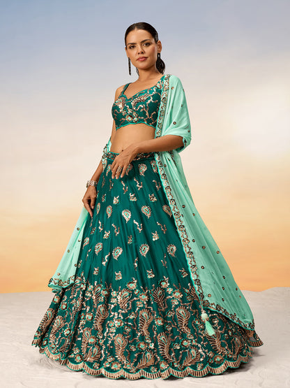 Women Green Pure Georgette with heavy Sequins embroidery Semi-Stitched Lehenga choli & Dupatta
