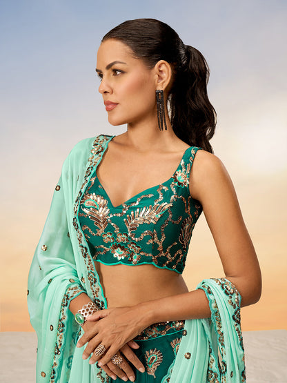 Women Green Pure Georgette with heavy Sequins embroidery Semi-Stitched Lehenga choli & Dupatta