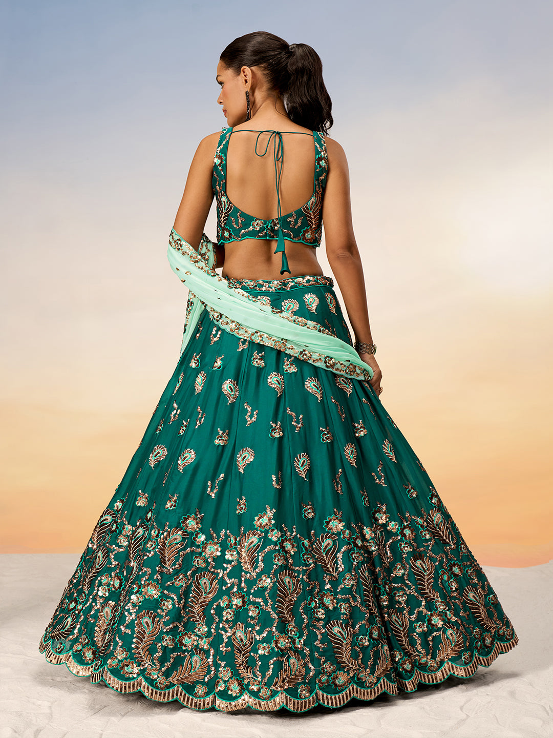 Women Green Pure Georgette with heavy Sequins embroidery Semi-Stitched Lehenga choli & Dupatta