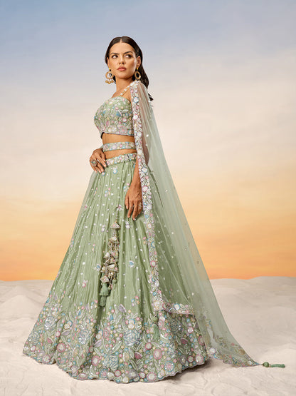 Women Lime green Chiffon Sequins and thread embroidery Semi-Stitched Lehenga choli & Dupatta
