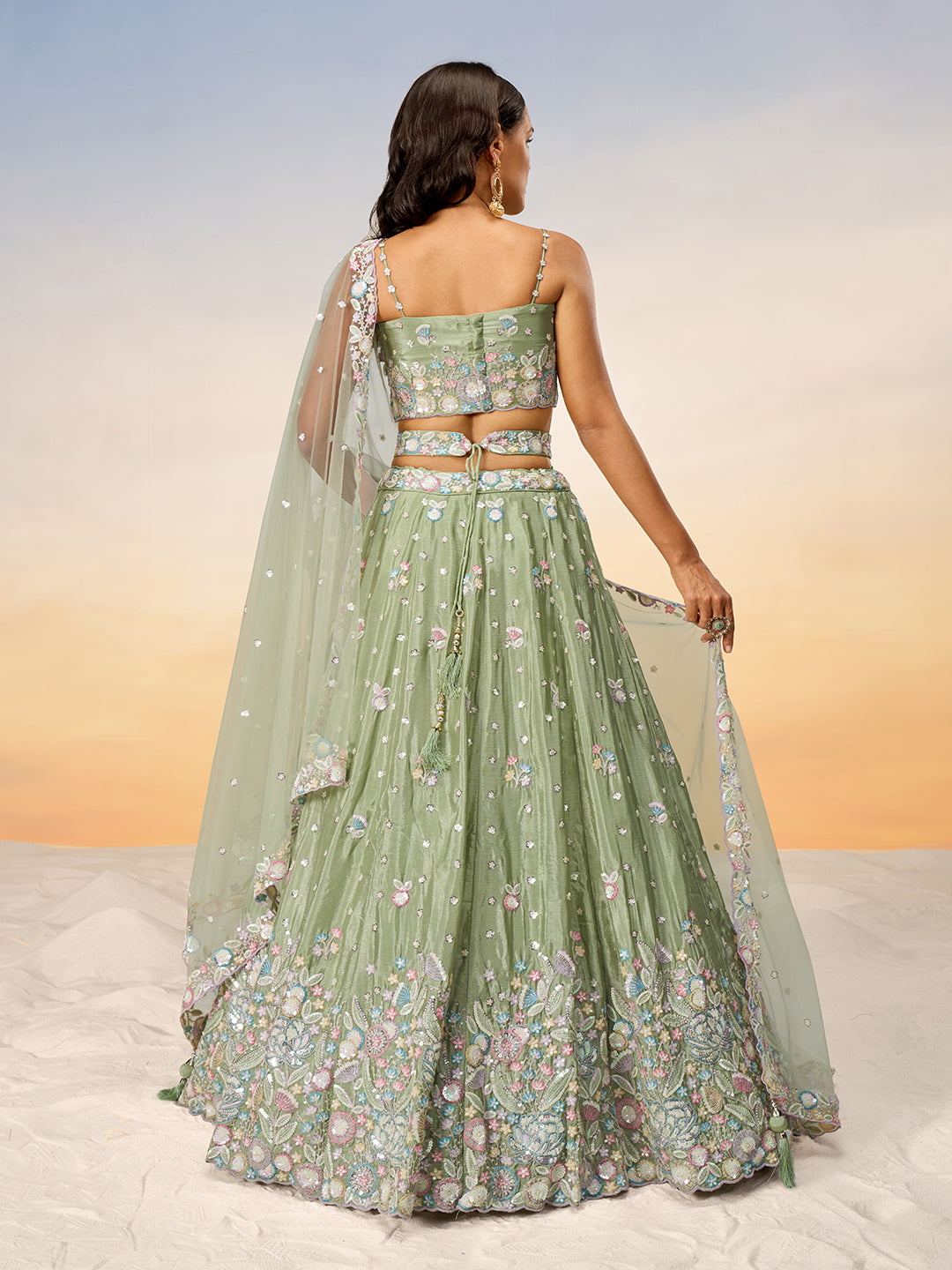 Women Lime green Chiffon Sequins and thread embroidery Semi-Stitched Lehenga choli & Dupatta