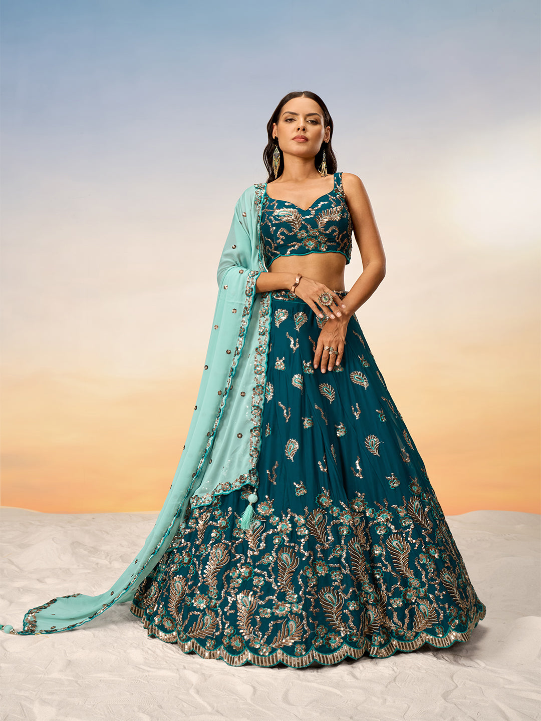 Women Teal Pure Georgette with heavy Sequins embroidery Semi-Stitched Lehenga choli & Dupatta