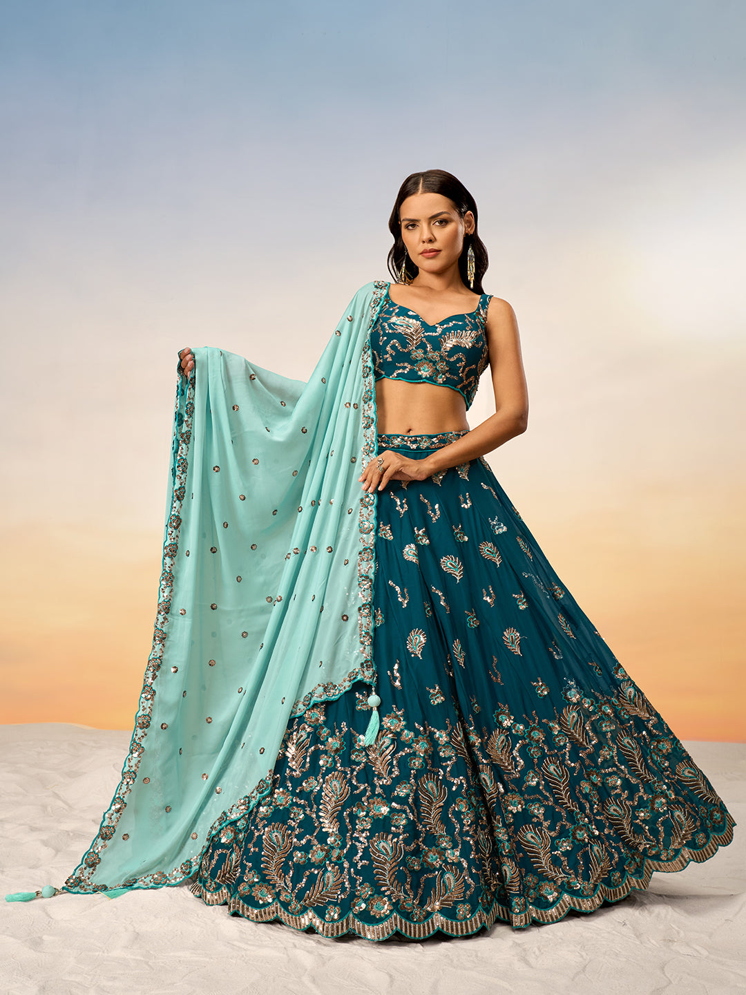 Women Teal Pure Georgette with heavy Sequins embroidery Semi-Stitched Lehenga choli & Dupatta