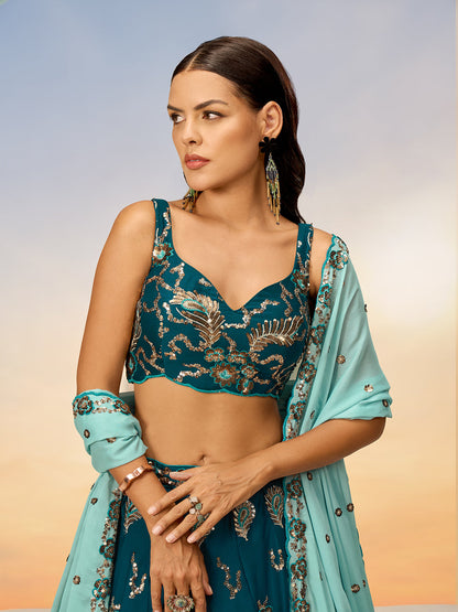 Women Teal Pure Georgette with heavy Sequins embroidery Semi-Stitched Lehenga choli & Dupatta