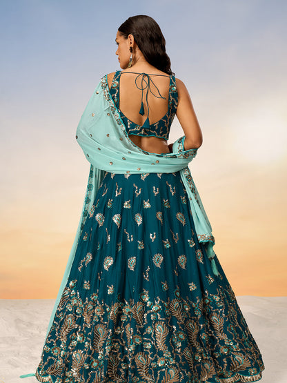 Women Teal Pure Georgette with heavy Sequins embroidery Semi-Stitched Lehenga choli & Dupatta