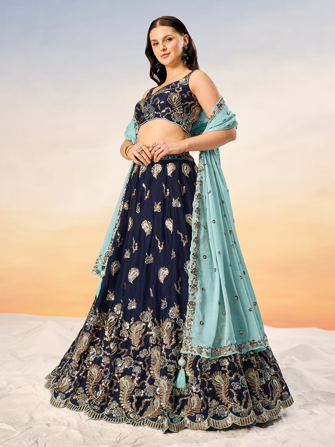 Women Navy blue Pure Georgette with heavy Sequins embroidery Semi-Stitched Lehenga choli & Dupatta