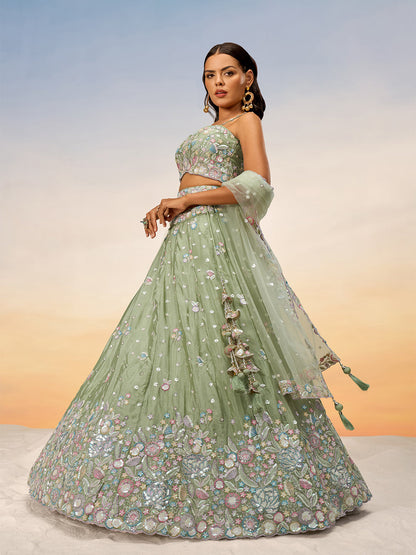 Women Lime green Chiffon Sequins and thread embroidery Semi-Stitched Lehenga choli & Dupatta