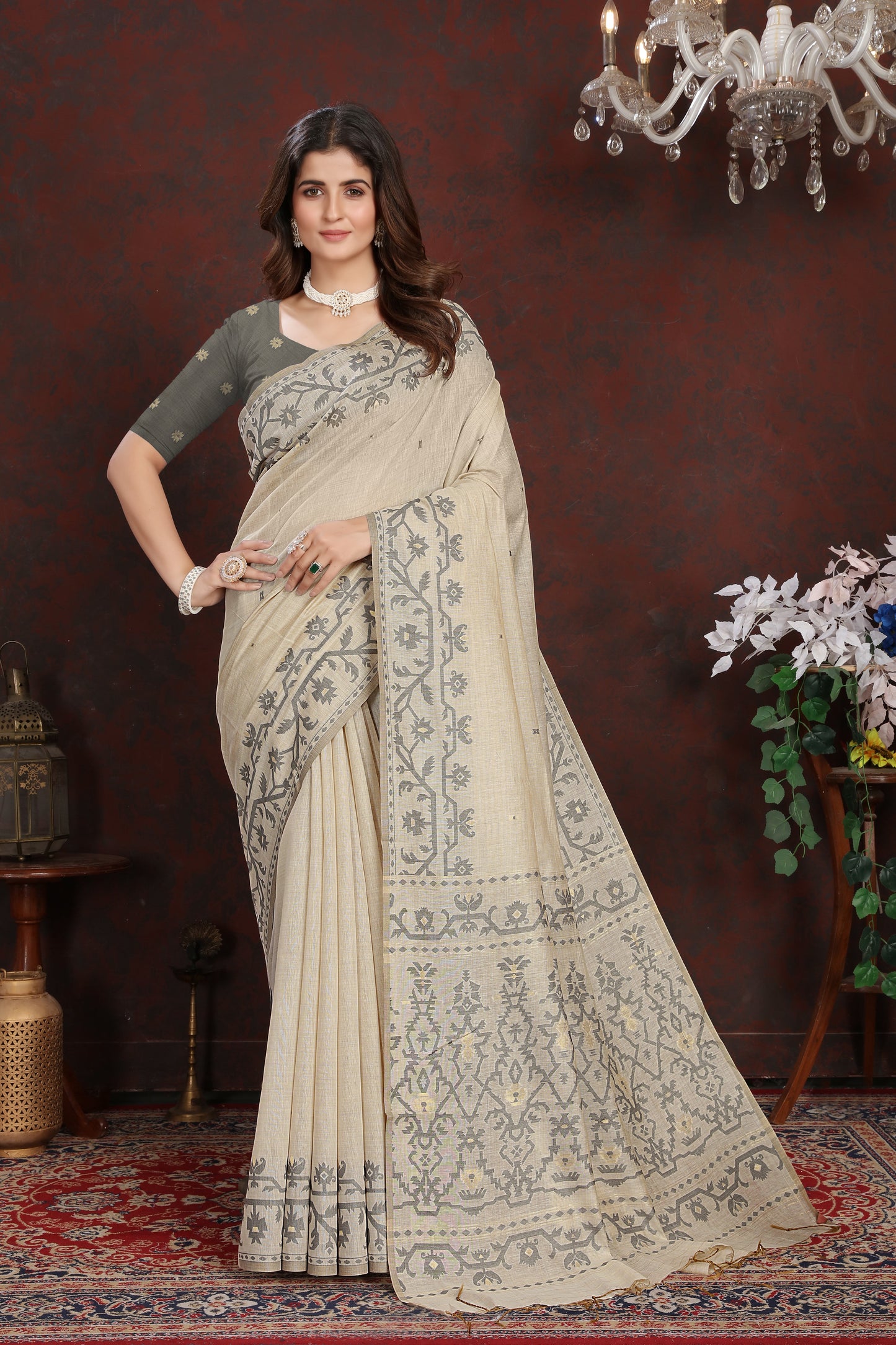 Dhiyona GR Women's Panghat Davy's Grey Pure Mul Cotton Jamdani Saree