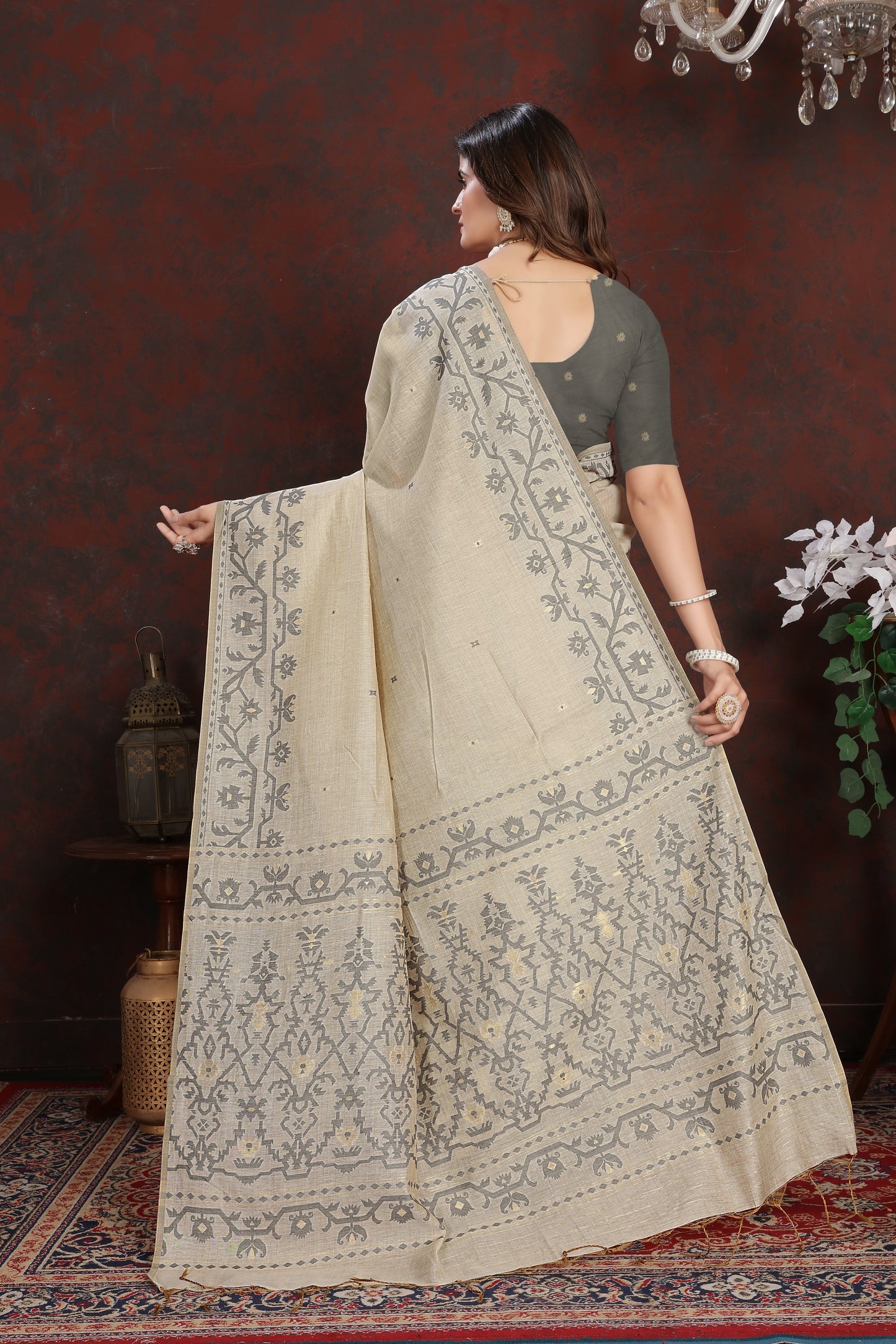 Dhiyona GR Women's Panghat Davy's Grey Pure Mul Cotton Jamdani Saree