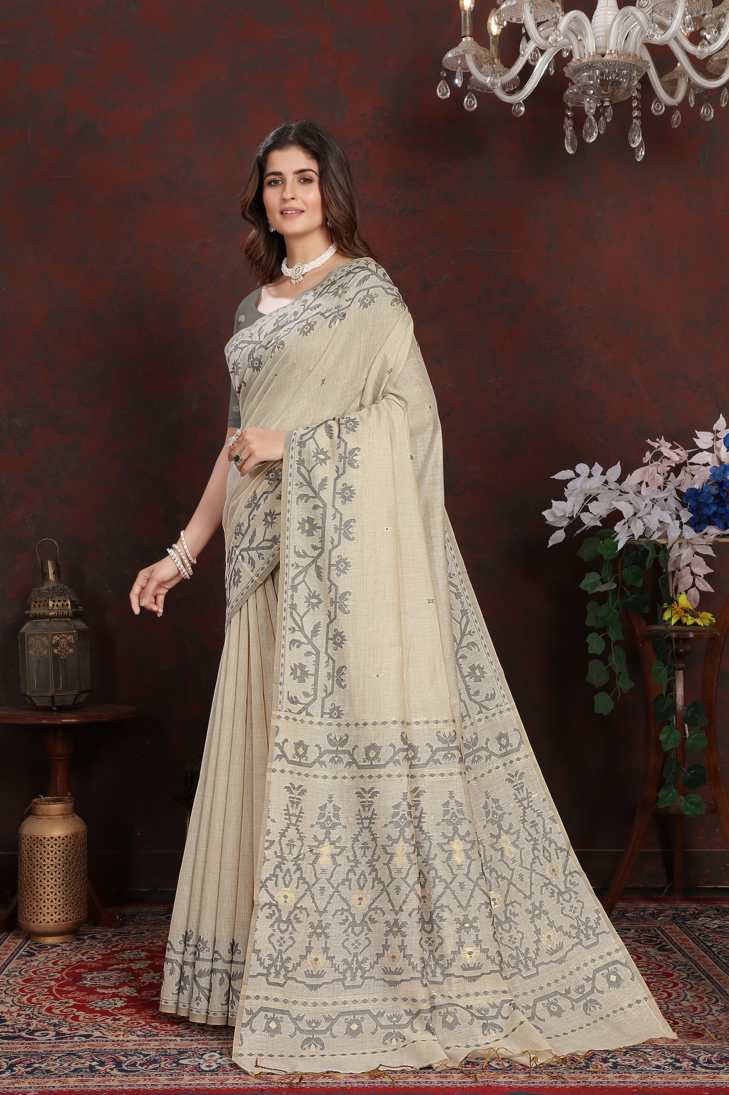 Dhiyona GR Women's Panghat Davy's Grey Pure Mul Cotton Jamdani Saree