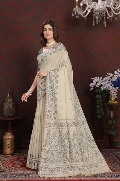 Dhiyona GR Women's Panghat Davy's Grey Pure Mul Cotton Jamdani Saree
