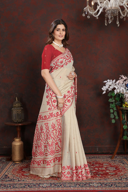Dhiyona GR Women's Panghat Cherry Red Pure Mul Cotton Jamdani Saree