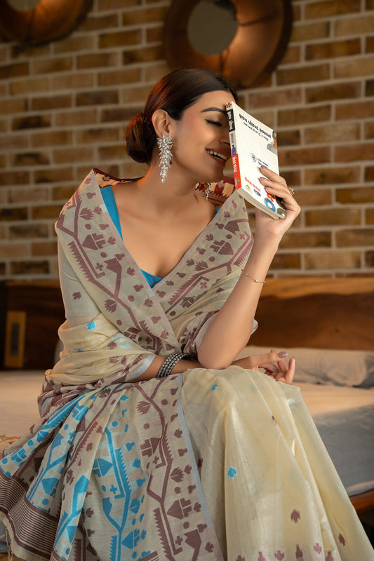 Dhiyona GR Women's Pankti Carolina Blue Cotton Jamdani Saree