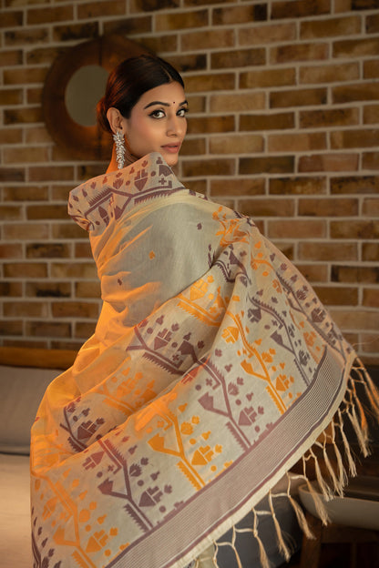 Dhiyona GR Women's Pankti Amber Yellow Cotton Jamdani Saree