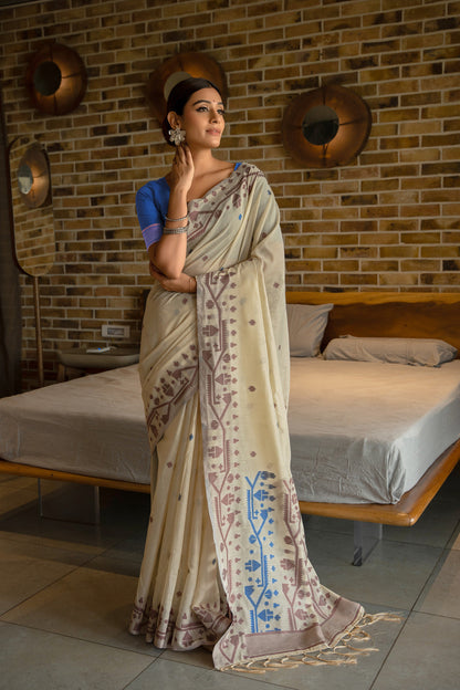 Dhiyona GR Women's Pankti Cerulean Navy Cotton Jamdani Saree