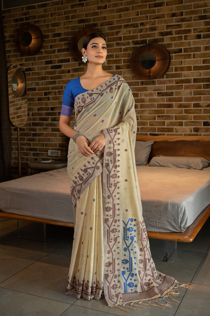 Dhiyona GR Women's Pankti Cerulean Navy Cotton Jamdani Saree