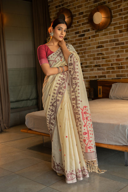 Dhiyona GR Women's Pankti Imperial Red Cotton Jamdani Saree