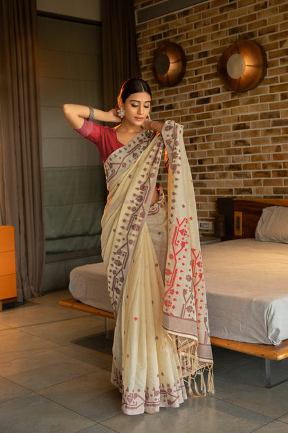 Dhiyona GR Women's Pankti Imperial Red Cotton Jamdani Saree