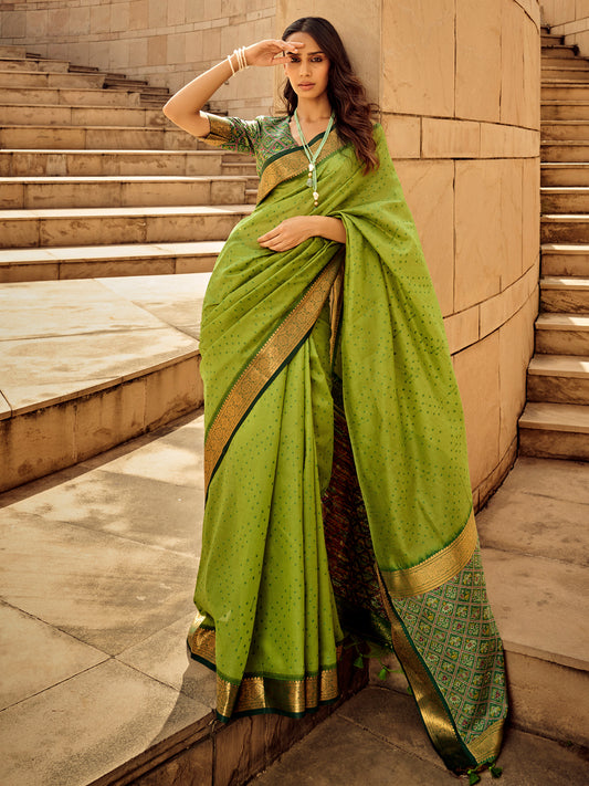 Women's Silk Blend Light Green Woven Design Designer Saree With Blouse Piece
