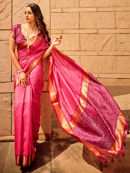 Women's Silk Blend Pink Woven Design Designer Saree With Blouse Piece