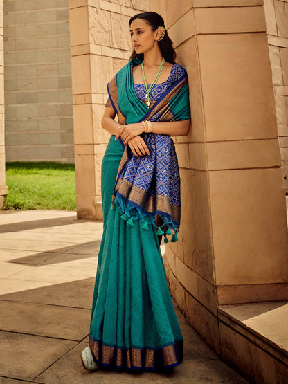 Women's Silk Blend Light Blue Woven Design Designer Saree With Blouse Piece