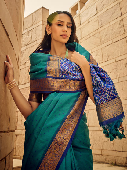 Women's Silk Blend Light Blue Woven Design Designer Saree With Blouse Piece