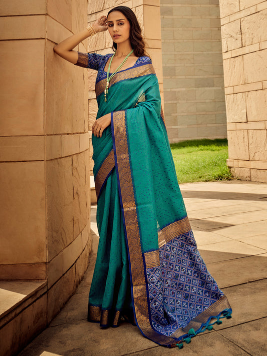 Women's Silk Blend Light Blue Woven Design Designer Saree With Blouse Piece