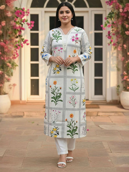 Women Floral Printed Linen Kurta with Trousers