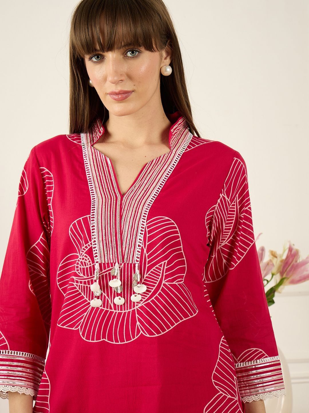 Dhiyona IE Printed V-Neck Three-Quarter Sleeves Pure Cotton Tunic And Trousers