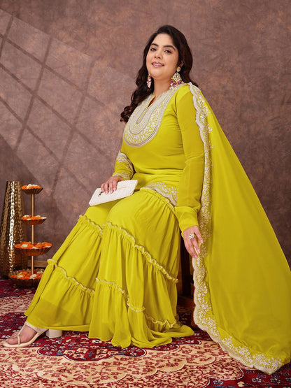 Dhiyona IN Women Floral Yoke Design Regular Thread Work Kurta Set With Dupatta