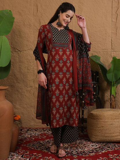 Dhiyona SN Women's Printed Pure Cotton Round Neck Straight Kurta & Palazzo With Dupatta