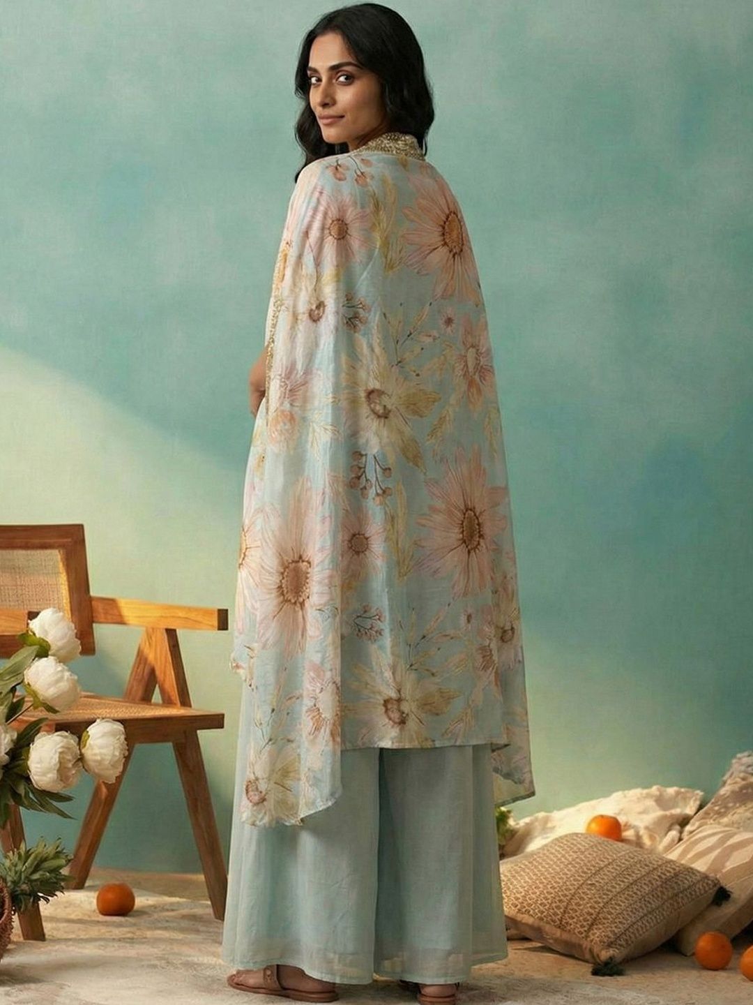 Dhiyona CH Women Floral Printed Layered Sequinned Kurta with Palazzos & With Dupatta