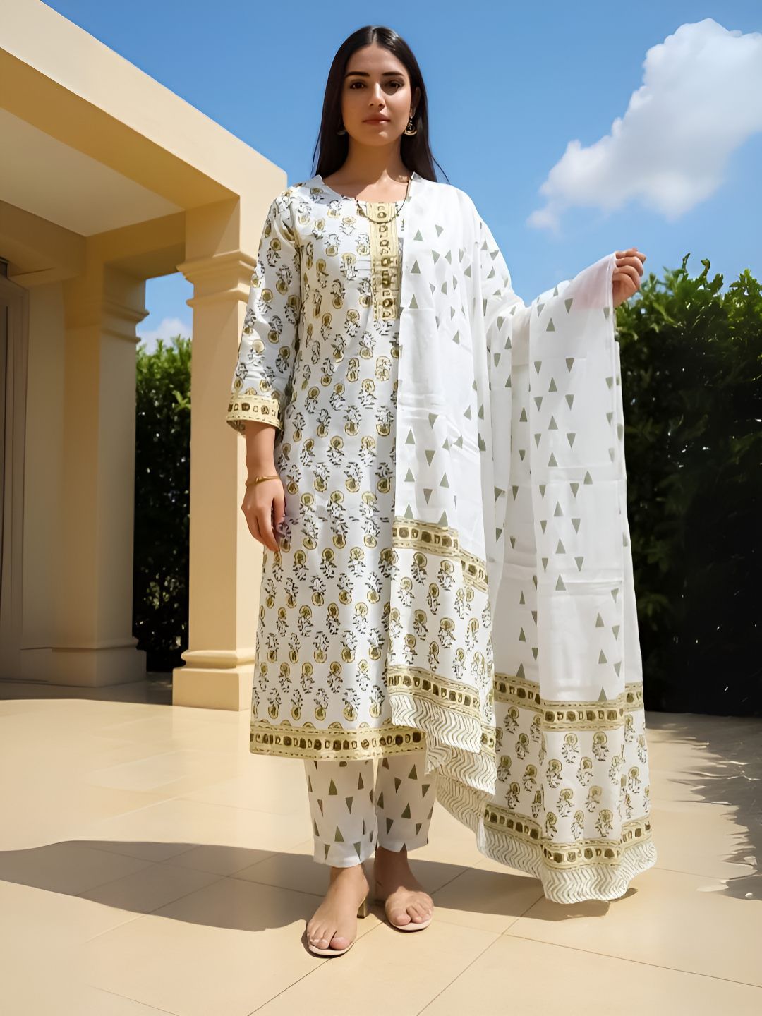 Women Ethnic Motifs Printed Cotton Kurta with Trousers & Dupatta