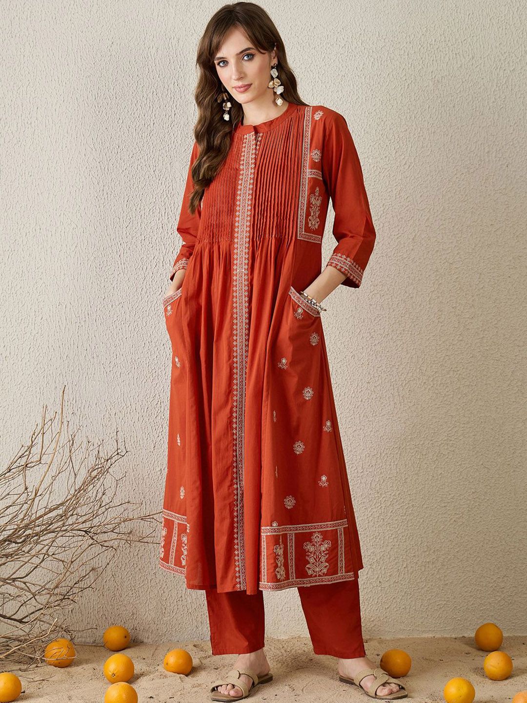 Dhiyona IE Floral Embroidered Pure Cotton Top With Trousers Co-Ords