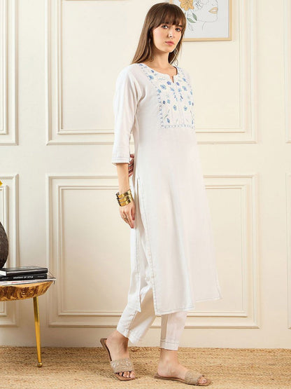 Dhiyona IE Floral Embroidered Notched Neck Pure Cotton Straight Kurta With Trousers