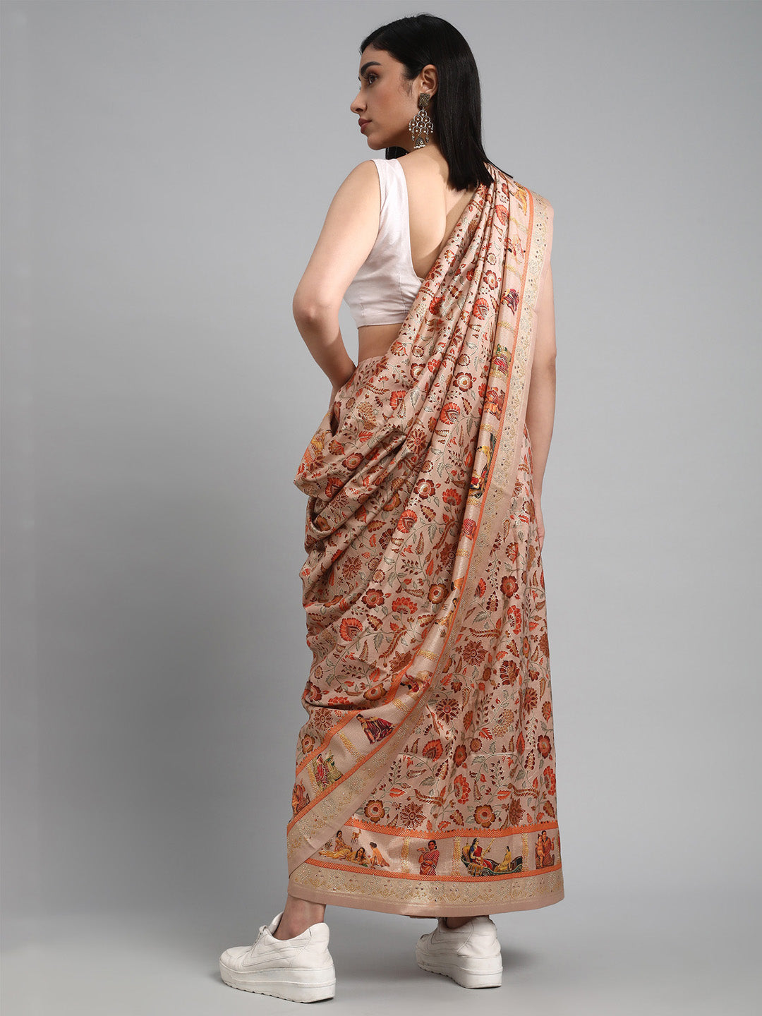 Women's Silk Blend Peach Embellished Designer Saree With Blouse Piece