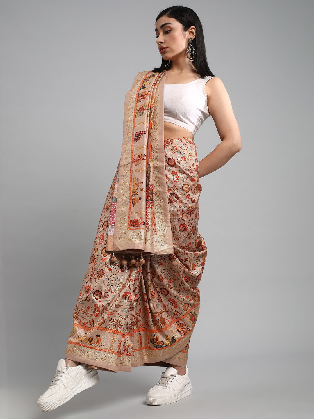 Women's Silk Blend Peach Embellished Designer Saree With Blouse Piece
