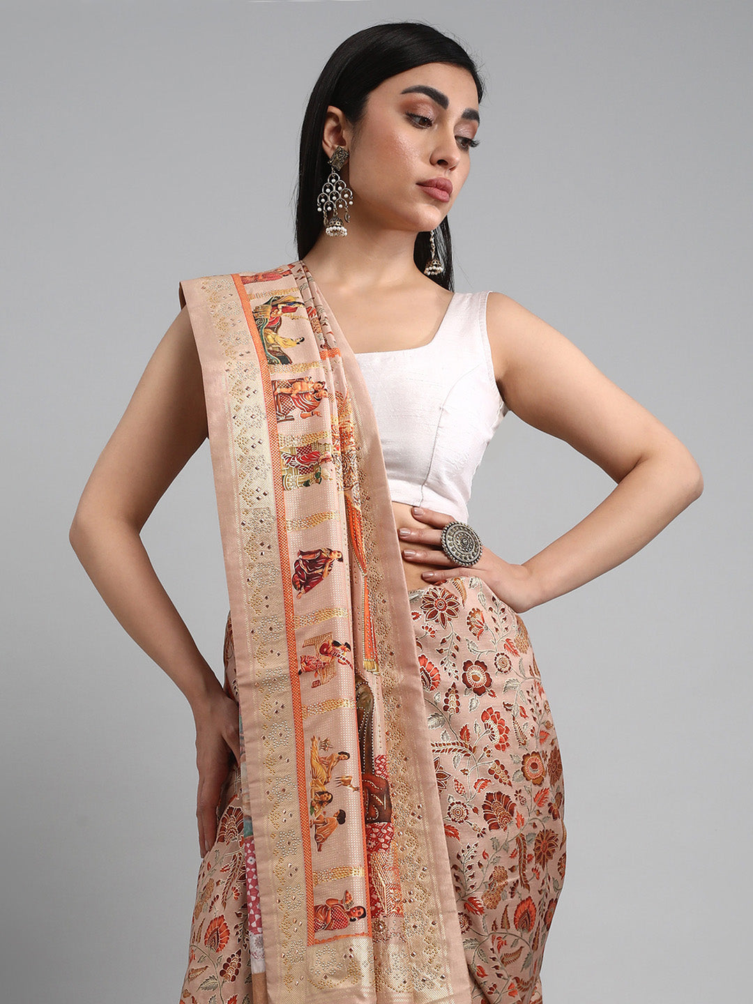 Women's Silk Blend Peach Embellished Designer Saree With Blouse Piece