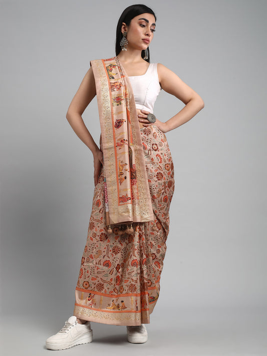 Women's Silk Blend Peach Embellished Designer Saree With Blouse Piece