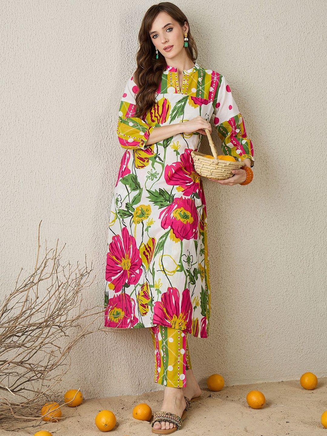 Floral Printed Mandarin Collar Pure Cotton Kurta with Trousers