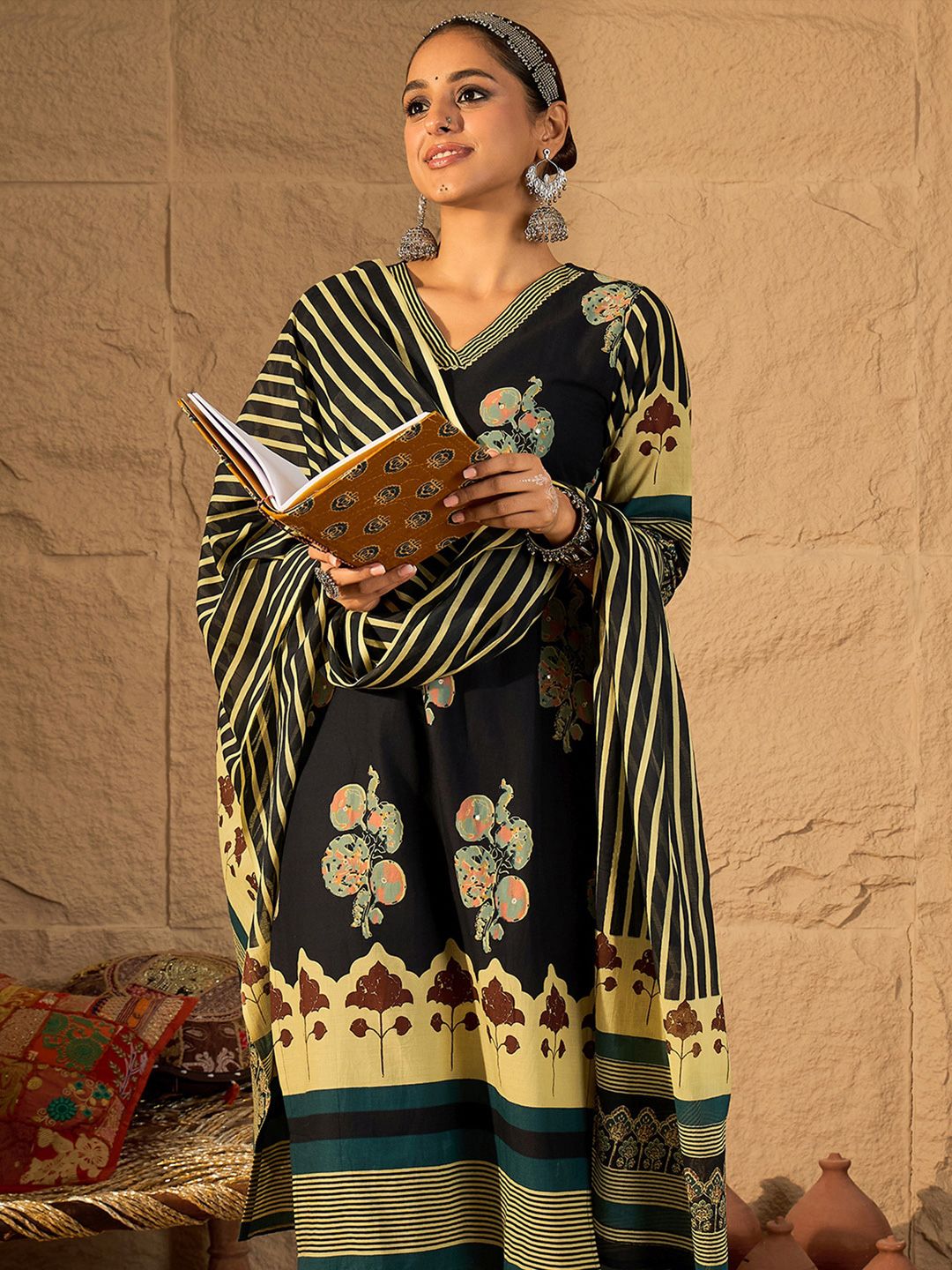 Women Floral Printed Pure Cotton Kurta with Trouser & Dupatta