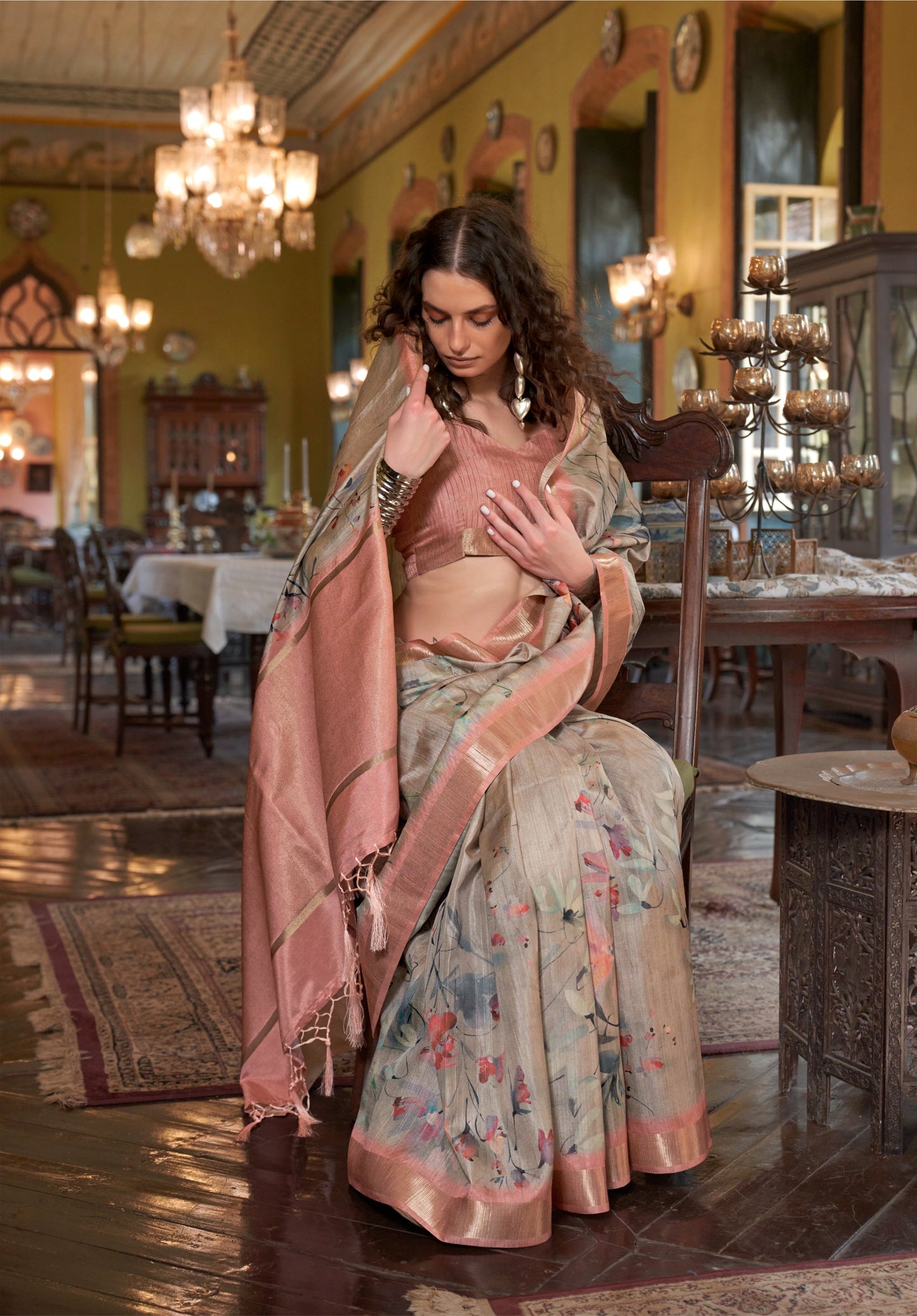 Dhiyona GR Women's Blossom Peach & Grey Banarasi Digital Soft Silk Saree