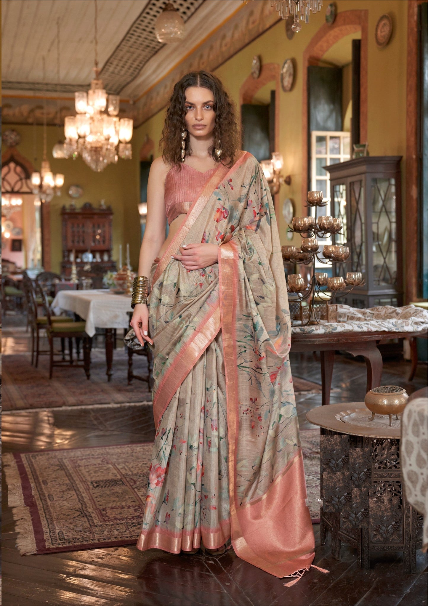 Dhiyona GR Women's Blossom Peach & Grey Banarasi Digital Soft Silk Saree