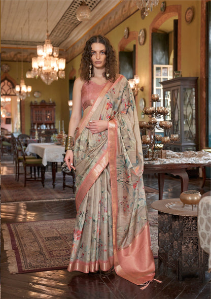 Dhiyona GR Women's Blossom Peach & Grey Banarasi Digital Soft Silk Saree