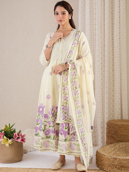 Women Floral Printed Empire Pure Cotton Kurta with Trousers & With Dupatta