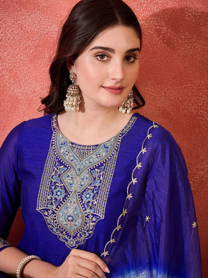 Dhiyona SN Women's Vichitra Zari Sequence Embroidered Straight Kurta & Trousers With Dupatta