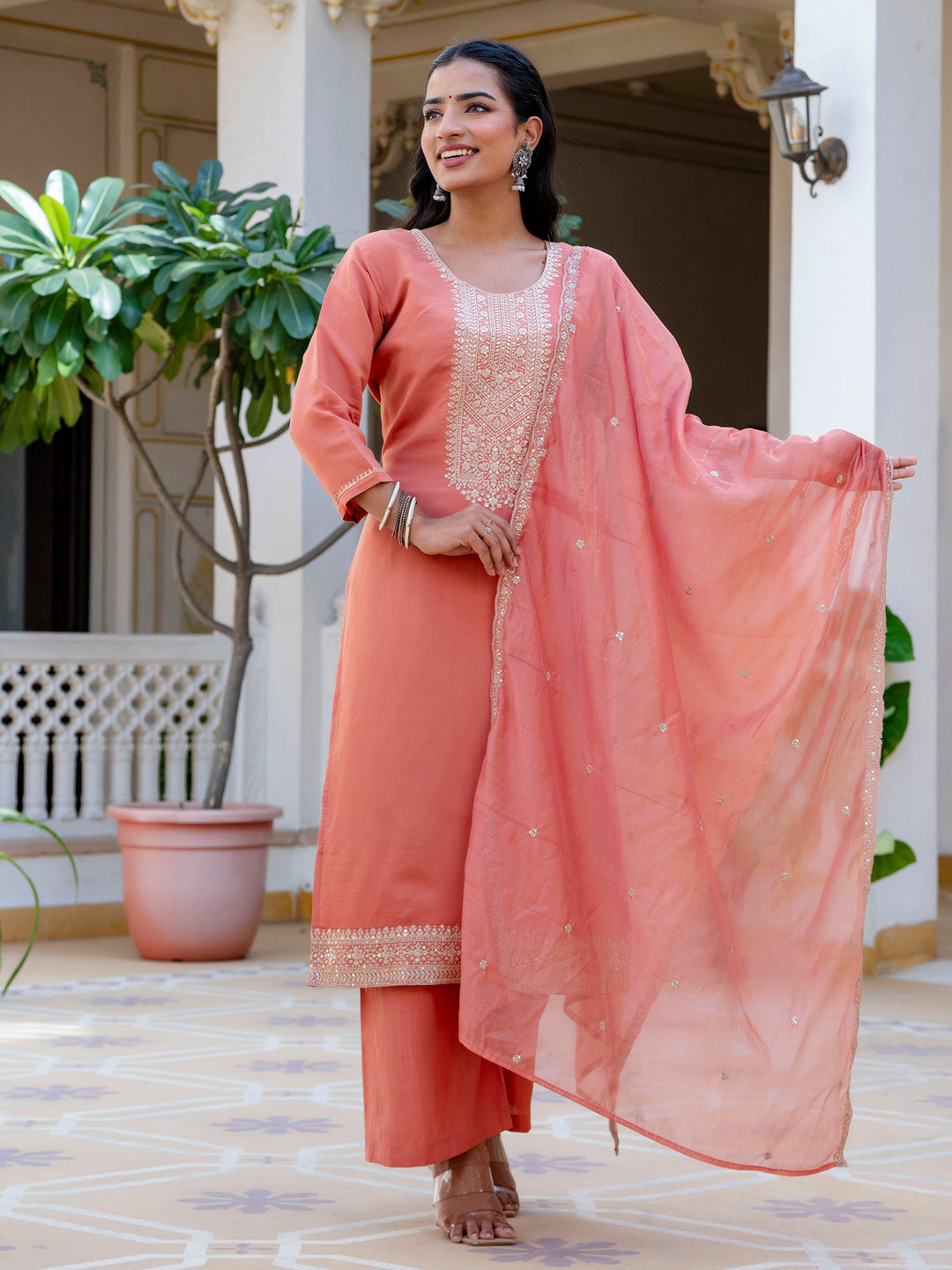 Dhiyona VV Women's Embroidered Silk Blend Calf Length Straight Kurta with Palazzo & Dupatta Set