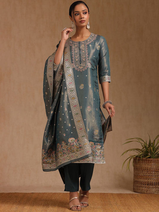Dhiyona SO Women's Women Floral Embroidered Regular Chanderi Cotton Kurta with Trousers & With Dupatta