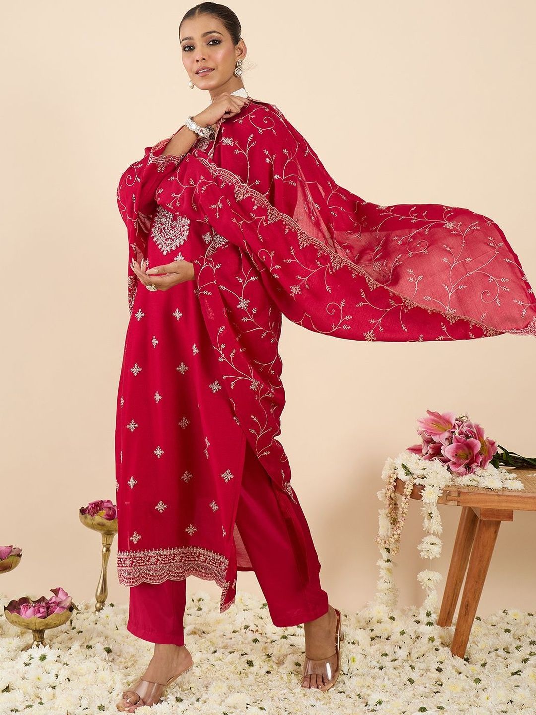 Floral Embroidered Round Neck Regular Straight Kurta With Trousers & Dupatta